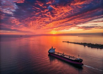 Naklejka premium Aerial View of a Beautiful Sunset Over the Sea with a Huge Cargo Ship Floating Gracefully in the Calm Waters, Capturing the Serene Beauty of Nature and Maritime Life