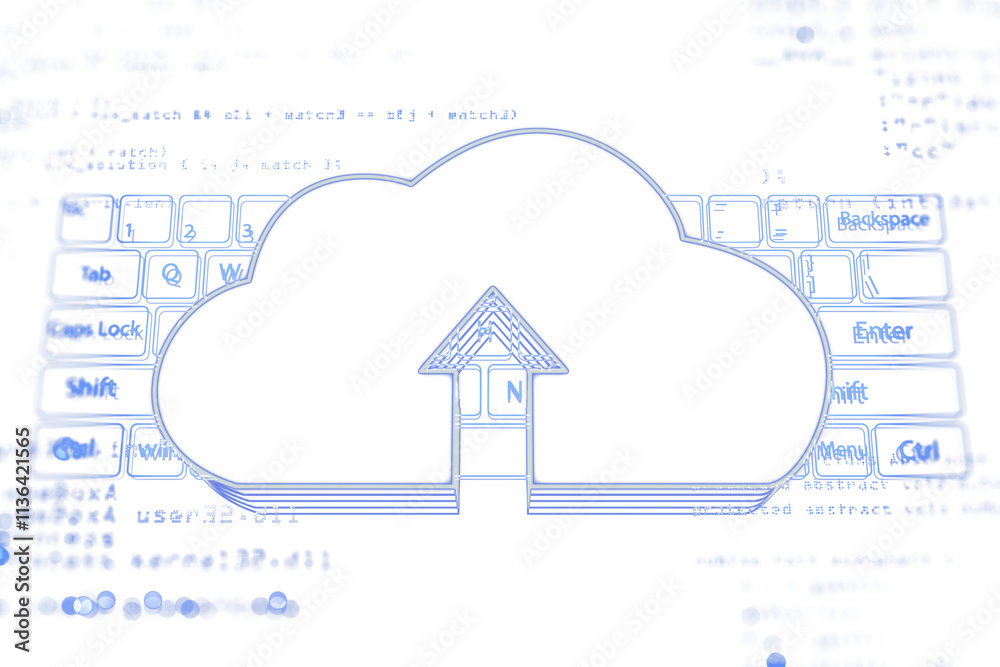 Aufkleber Cloud symbol with an upload arrow over a keyboard and code text, minimalistic blue outline design on a clean white background, concept of cloud computing. 3D Rendering.