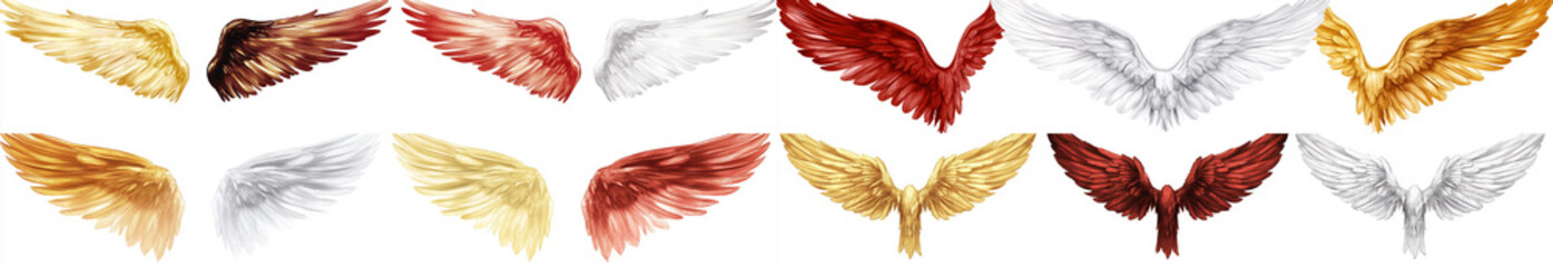 Obraz premium Three sets of different-colored, realistic angel wings on a white background golden, red, and silve
