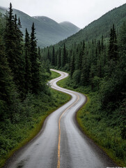 Naklejka premium Winding road through lush green mountains on a rainy day