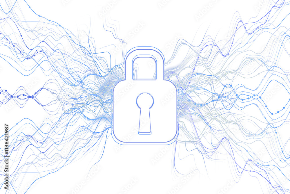 Poster Digital padlock icon surrounded by flowing blue data lines on white background, representing cybersecurity and data protection concept. 3D Rendering.