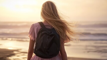 Young caucasian female with backpack enjoying a beach sunset