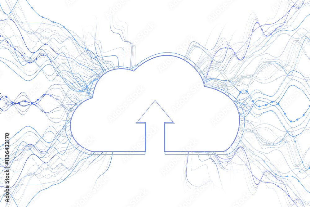 Aufkleber Abstract cloud upload icon with blue dynamic flowing lines, white background, layout concept, clean design element, digital storage. 3D Rendering.