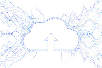 Abstract cloud upload icon with blue dynamic flowing lines, white background, layout concept, clean design element, digital storage. 3D Rendering.