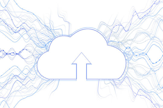 Abstract cloud upload icon with blue dynamic flowing lines, white background, layout concept, clean design element, digital storage. 3D Rendering.