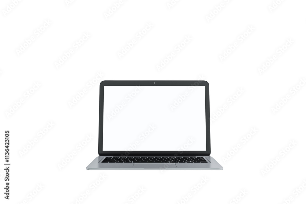 Poster silver laptop with a blank white screen, isolated on a white background, clean and minimalistic desi