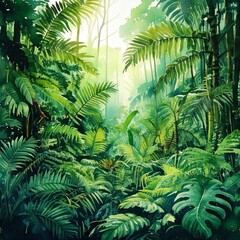 Lush watercolor tropical rainforest with exotic plants, ferns, and vivid green tones with copy space 