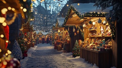 Obraz premium Christmas Market at Night, Festive Stalls with Lights, Snowy Cobbled Street, Holiday Season, Outdoor Christmas Fair