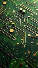 Close-up view of a green and gold circuit board, showcasing intricate electronic pathways and components, reflecting a modern technological aesthetic. circuitboard pattern design wallpaper