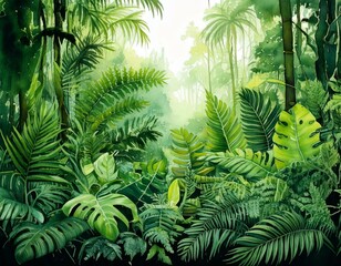 Lush watercolor tropical rainforest with exotic plants, ferns, and vivid green tones with copy space 