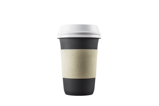Black reusable coffee cup with a beige sleeve and white lid, isolated on a clean white background, concept of eco-friendly beverage containers. 3D Rendering.