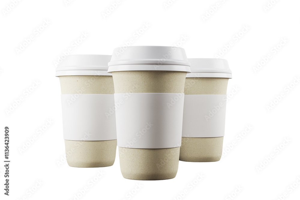 Poster Three reusable coffee cups with blank white sleeves showcased on a clean white background, emphasizing eco-friendly branding concepts. 3D Rendering.