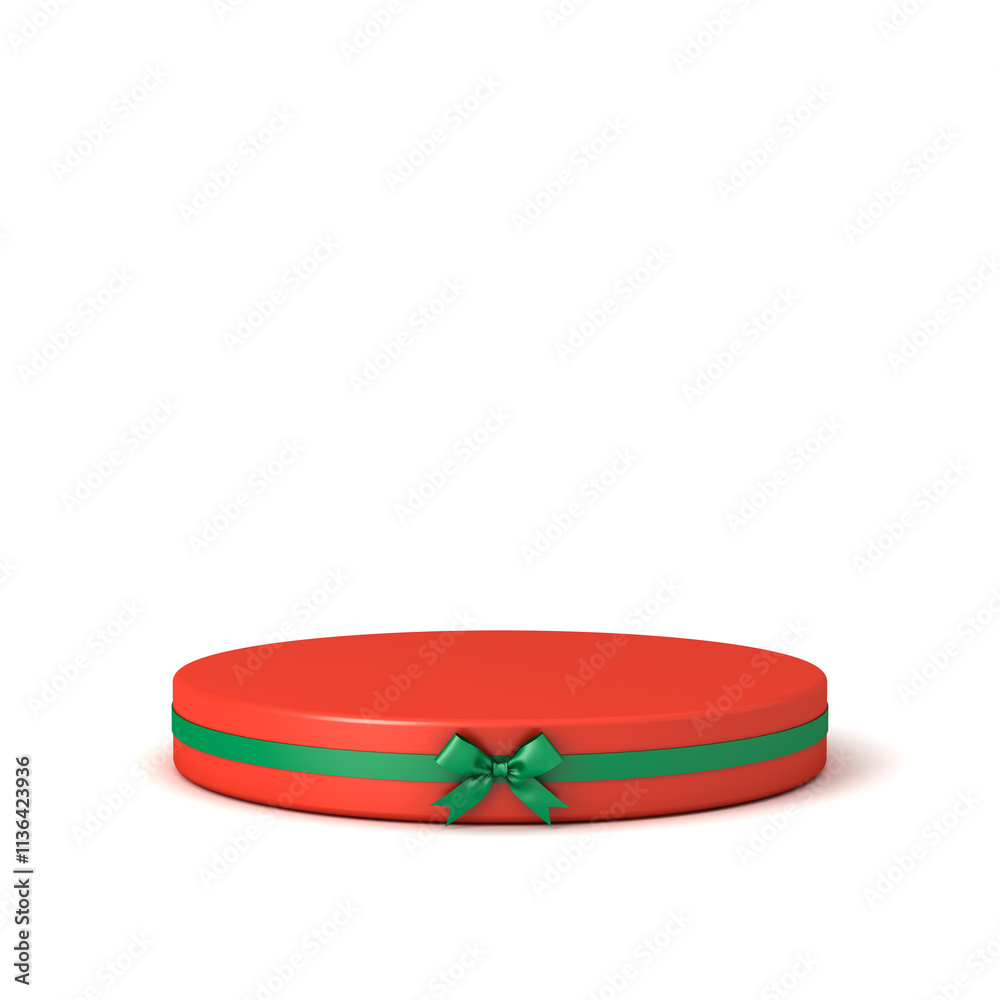 Leinwandbilder blank christmas round gift podium or product display mockup pedestal with green ribbon bow isolated 