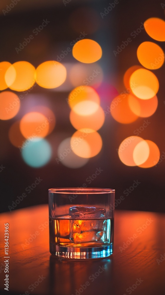 Poster Glass of whisky with ice cubes on table in bar with bokeh background