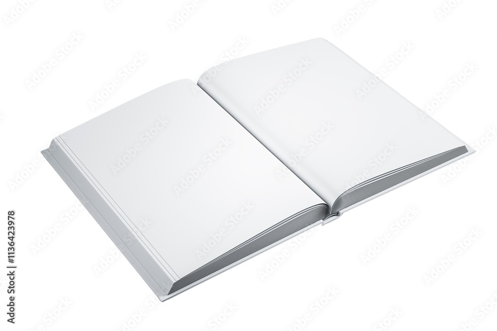 Poster blank open book with white pages displayed on a white background, clean isolated design, concept for