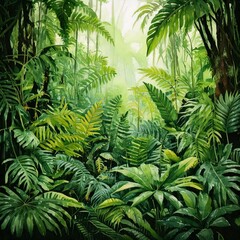 Fototapeta premium Lush watercolor tropical rainforest with exotic plants, ferns, and vivid green tones with copy space 
