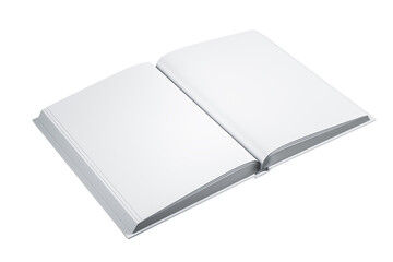 Blank open book with white pages displayed on a white background, clean isolated design, concept for mockup, branding, or layout. 3D Rendering.