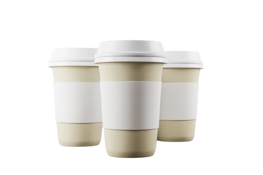 Three reusable coffee cups with blank white sleeves showcased on a clean white background, emphasizing eco-friendly branding concepts. 3D Rendering.
