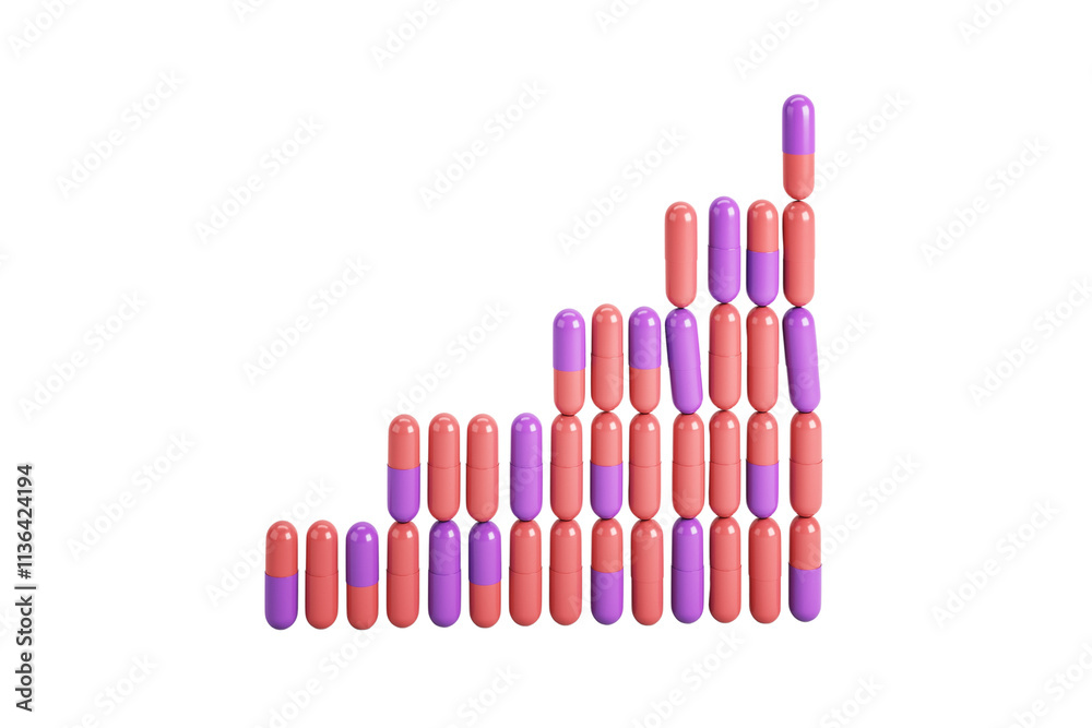 Poster Red and purple capsules stacked in ascending order, forming a bar graph shape on a clean white background. Concept of healthcare trends. 3D Rendering.