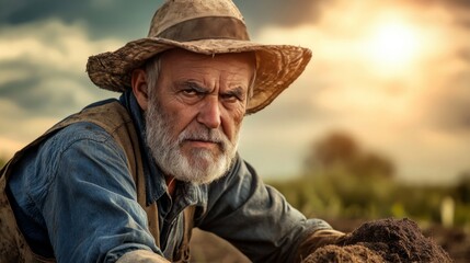 Fototapeta premium Retirement income longevity. A rugged farmer works the soil, showcasing determination and strength against a picturesque sunset backdrop.