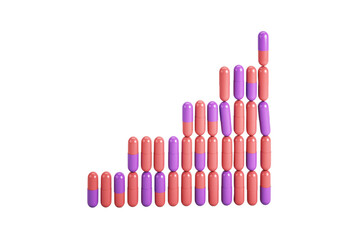 Red and purple capsules stacked in ascending order, forming a bar graph shape on a clean white background. Concept of healthcare trends. 3D Rendering.