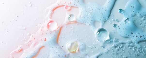 Colorful pastel pink and blue foam with bubbles creating abstract texture