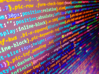 Departure board information board in airport. Code background. Abstract computer script code. Search job or abstract course template for programming job. Computer html code on screen.