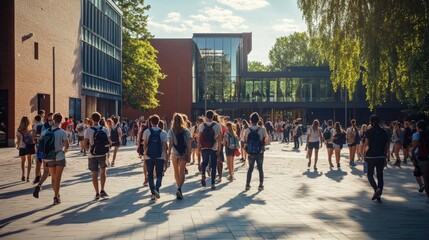 Young primary school students with school bags heading outside to their classes