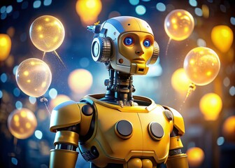 AI Robot Speech Bubbles, Deep Depth of Field, Yellow Robot,  High-Resolution Image, Artificial Intelligence, Robotic Communication