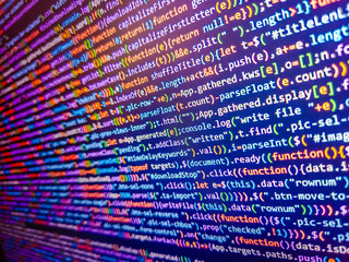 Software developer coding screen. Screen with software developer code. Pink color. Search job or abstract course template for programming job. Computer script. Website codes on monitor.