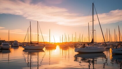 Sailboats at Sunset in Calm Harbor Waters