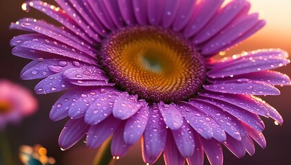 Dewdrops adorn a vibrant purple flower petal