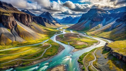 Akshayuk Pass Owl River Aerial: Arctic Canada Wilderness, Moss Valley, Dramatic Cliffs, Sunny Summer