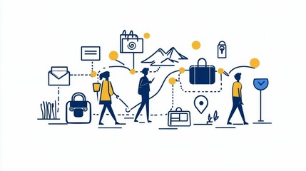 People travel, using digital tools and luggage.