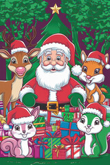 A pop art style image of Santa Claus and cute animals in a forest. Santa is wearing a Santa hat and sitting among a pile of Christmas presents.