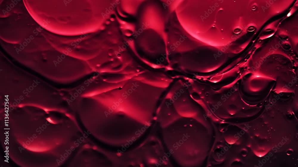 Poster close-up view of red liquid with bubbles creating a mesmerizing texture and movement in a vibrant se