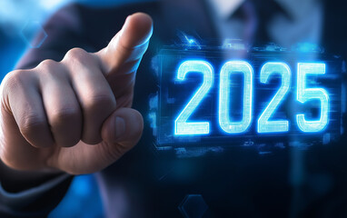 Hand Pressing Progress Bar to Switch from 2023 to 2024 – New Year Countdown and Business Startup Technology Concept
