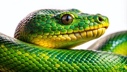 Fototapeta premium Anaconda Snake, Isolated White Background, Reptile, Wildlife Photography, Closeup, Green Anaconda, Wild Animal, Nature, Serpent, Reptilian, Scale, Jungle, Amazon, South America,