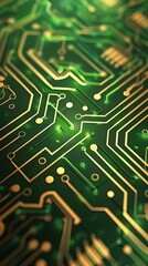 Obraz premium A close-up view of a green and gold circuit board design, showcasing intricate patterns and textures that represent modern technology. circuitboard pattern design wallpaper