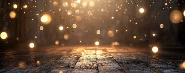 Golden particles falling on wooden table creating magical atmosphere