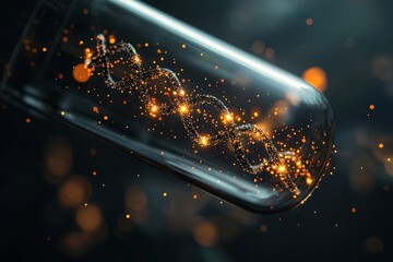 Closeup of a glowing dna strand enveloped in cancer cells scientific laboratory digital art dark background macro view health concept