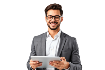 Young handsome businessman wearing glasses holding a tablet, smiling nicely, business concept