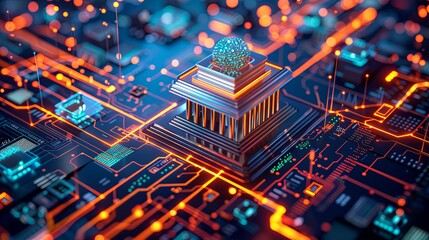Obraz premium Digital Governance: A Neoclassical Building on a Futuristic Circuit Board