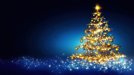 Christmas Tree with Golden Decorations Against Dark Blue Background, Soft Bokeh Lights, Versatile Holiday Greeting Card Template with Space for Text