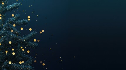 Christmas Tree with Golden Decorations Against Dark Blue Background, Soft Bokeh Lights, Versatile Holiday Greeting Card Template with Space for Text
