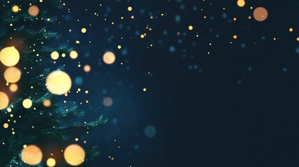 Christmas Tree with Golden Decorations Against Dark Blue Background, Soft Bokeh Lights, Versatile Holiday Greeting Card Template with Space for Text