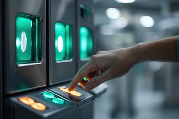 Patient's fingerprint activation at smart access control system hospital closeup shot modern environment user interaction security concept