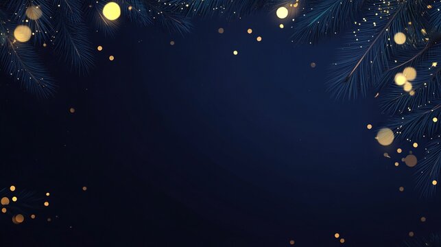 Christmas Tree with Golden Decorations Against Dark Blue Background, Soft Bokeh Lights, Versatile Holiday Greeting Card Template with Space for Text