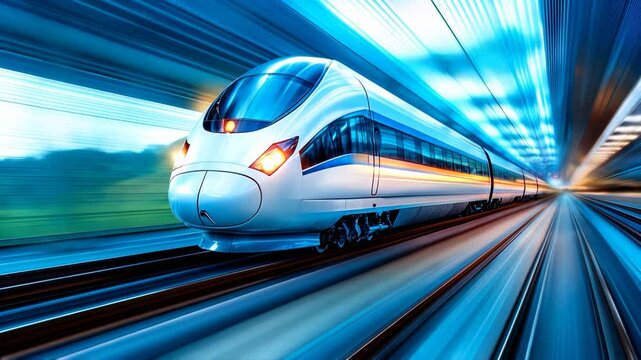 High-speed train traveling through a tunnel at dusk showcasing modern transportation capabilities