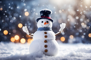 Smiling happy snowman standing in Christmas winter background